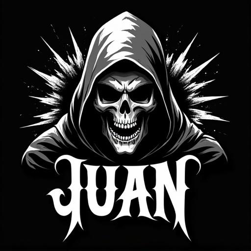 A black and white graphic design features a skull in a hooded cloak. The skull has sharp features and a menacing look. The hood has dramatic shading. Behind the skull, there are explosive bursts. Below the skull, the word 'JUAN' is in stylized white gothic letters. The background has subtle splatter effects.