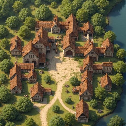 Overhead view of a medieval village designed for role-playing games. The village features various buildings with rustic rooftops. The streets are made of gravel. Dense trees surround the area. A river is nearby.