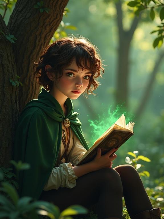 High-resolution photograph of a 19-year-old girl reading a book under a tree. She has short wavy brown hair and green eyes. She's wearing a flowing green cape. One corner of her lips is raised in a confident smirk. Green illusions swirl around her. Forest background. Shot with a cinematic 50mm lens.