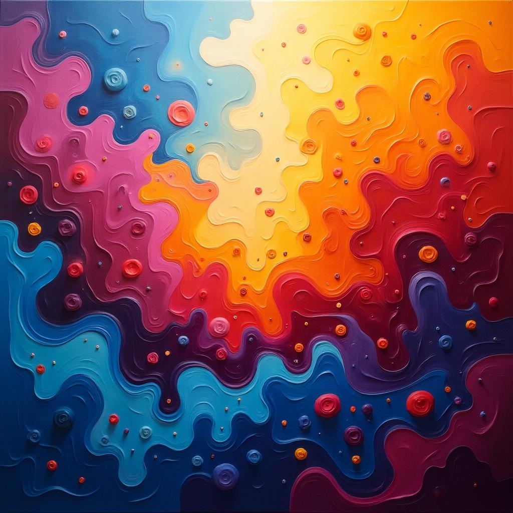 Colorful abstract painting with swirling patterns and raised textures. Warm hues blend into cool tones. Three-dimensional effect with circular details. Energetic and vibrant atmosphere.