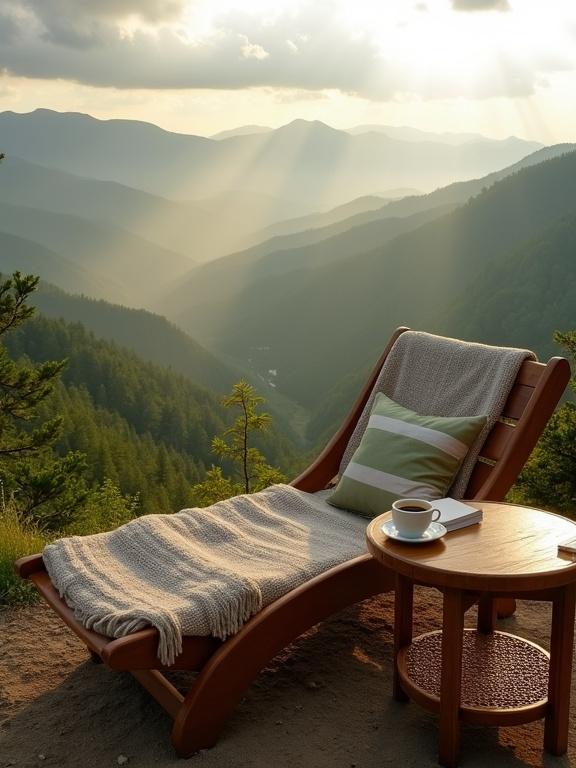 Lounge chair on a mountaintop. Scenic overlook with lush green forest. Golden sunlight breaks through clouds. Soft mist in valleys. Cozy throw and cushion on chair. White cup with steam and journal on table. Nature's tranquility and beauty.