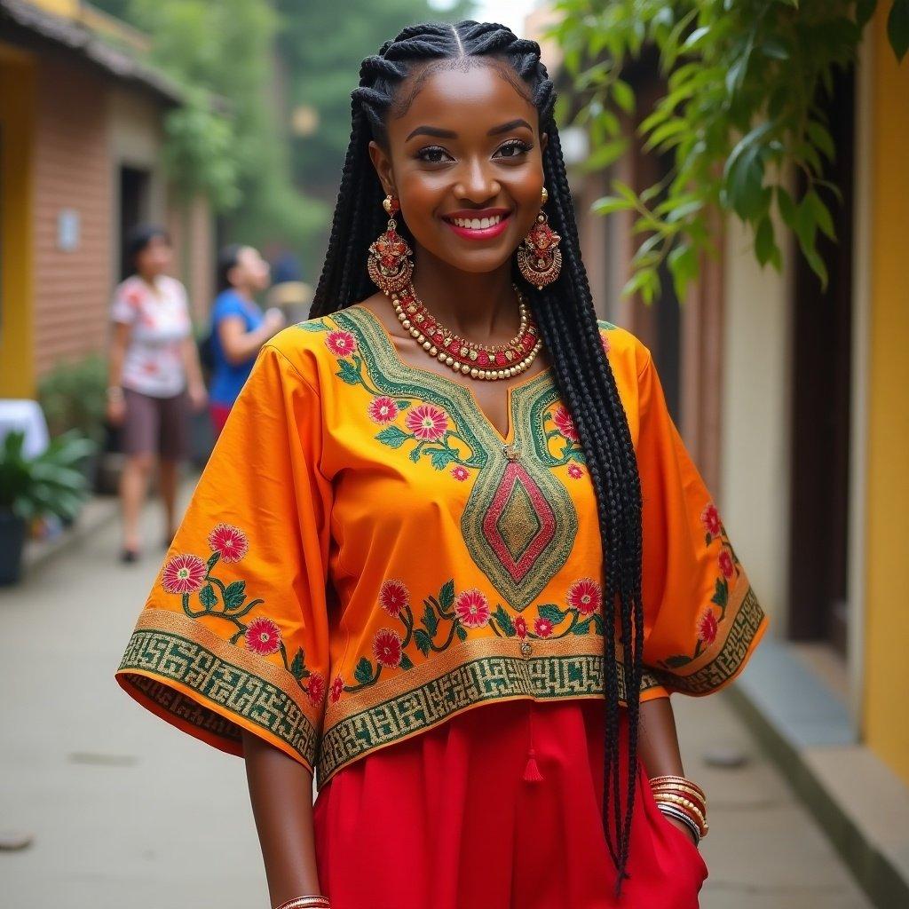 Woman wears colorful traditional outfit. Orange top features intricate embroidery. Red bottoms complement vibrant colors. Floral patterns and geometric designs adorn attire. Statement jewelry includes earrings and bracelets. Braided hairstyle adds to festive appearance.