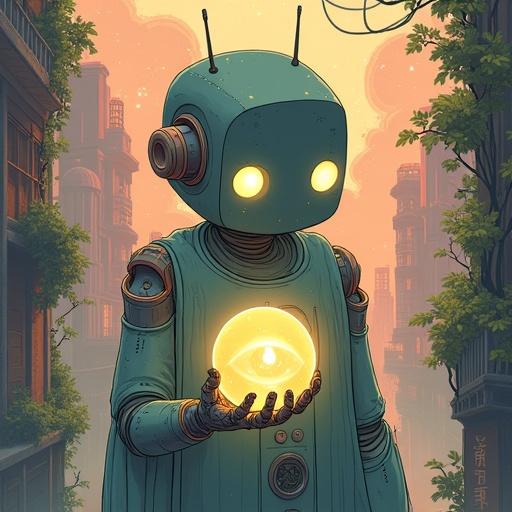 Studio Ghibli-inspired illustration featuring a robotic figure in a futuristic cityscape. Soft lighting with pastel colors. Nature intertwines with technology. Central figure holds a glowing orb symbolizing AI.
