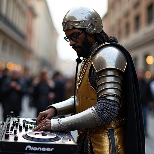 A DJ dressed in medieval knight armor performs on Pioneer CDJ Nexus 3000 in a street setting. Vibrant city street backdrop enhances the lively atmosphere.
