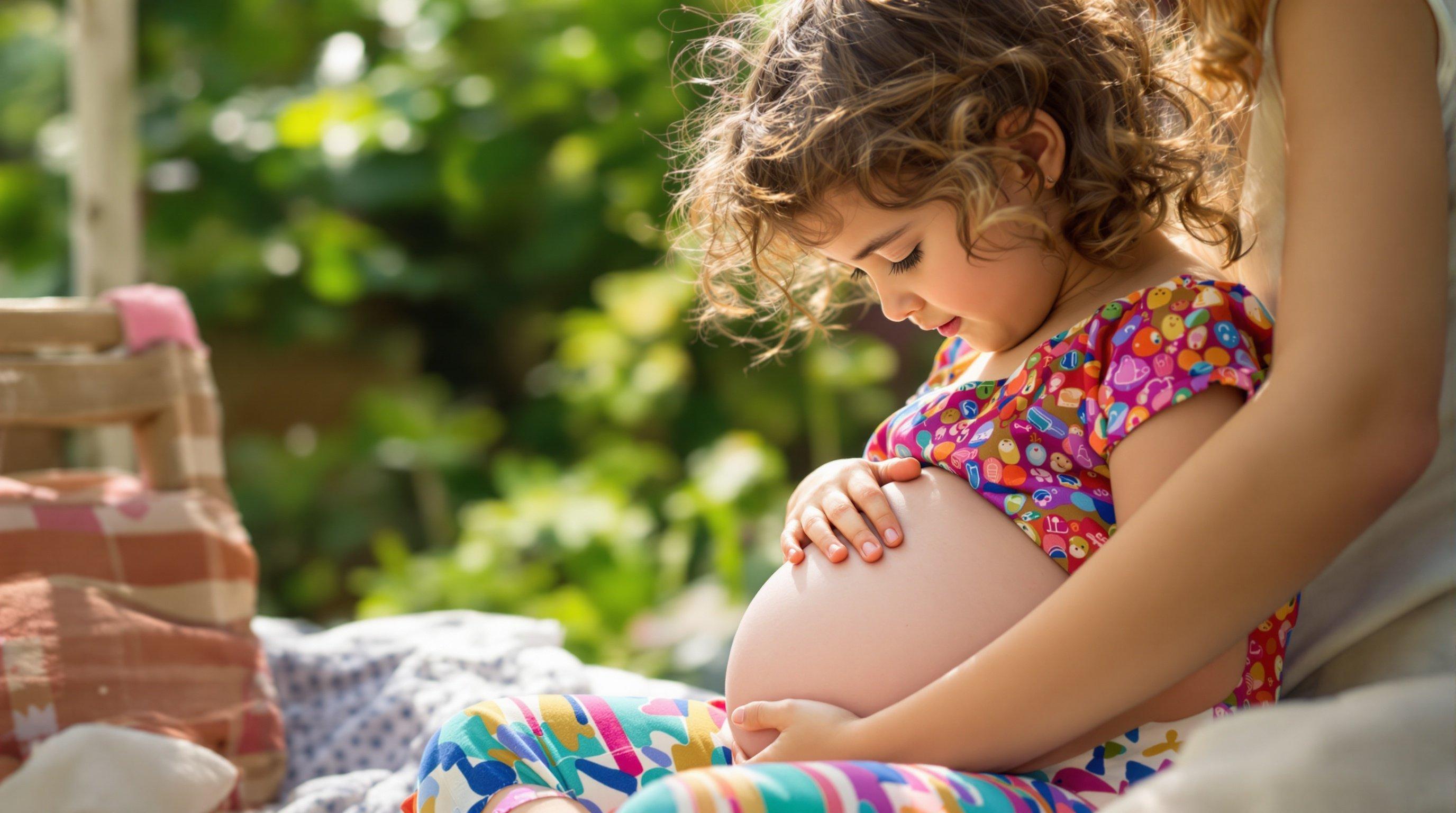 A young girl dressed in a colorful outfit sits next to a woman. She rests her hands on her belly. The scene is filled with greenery and soft lighting creating a serene atmosphere.