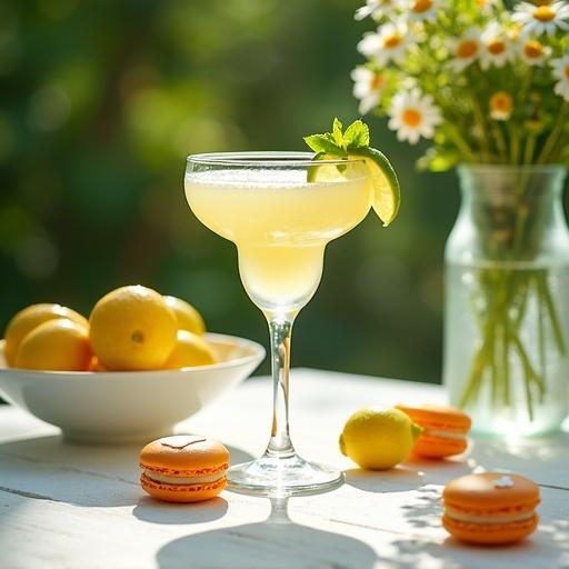 A clear margarita glass filled with cocktail sits on a white rustic wooden table. Surrounding it are orange and lemon macarons with white heart decorations. Fresh lemon and lime slices are visible. A bowl of lemons and limes is in the background. A glass vase with daisy and field flowers adds charm. The setting is bright and airy, with sunlight filtering through leaves, creating a relaxing atmosphere ideal for Mother's Day.