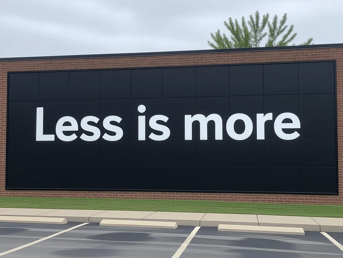 A large outdoor sign features the phrase Less is more in bold typography. Wall is black with large white letters. Location is likely in an urban setting. Uses minimalistic design.