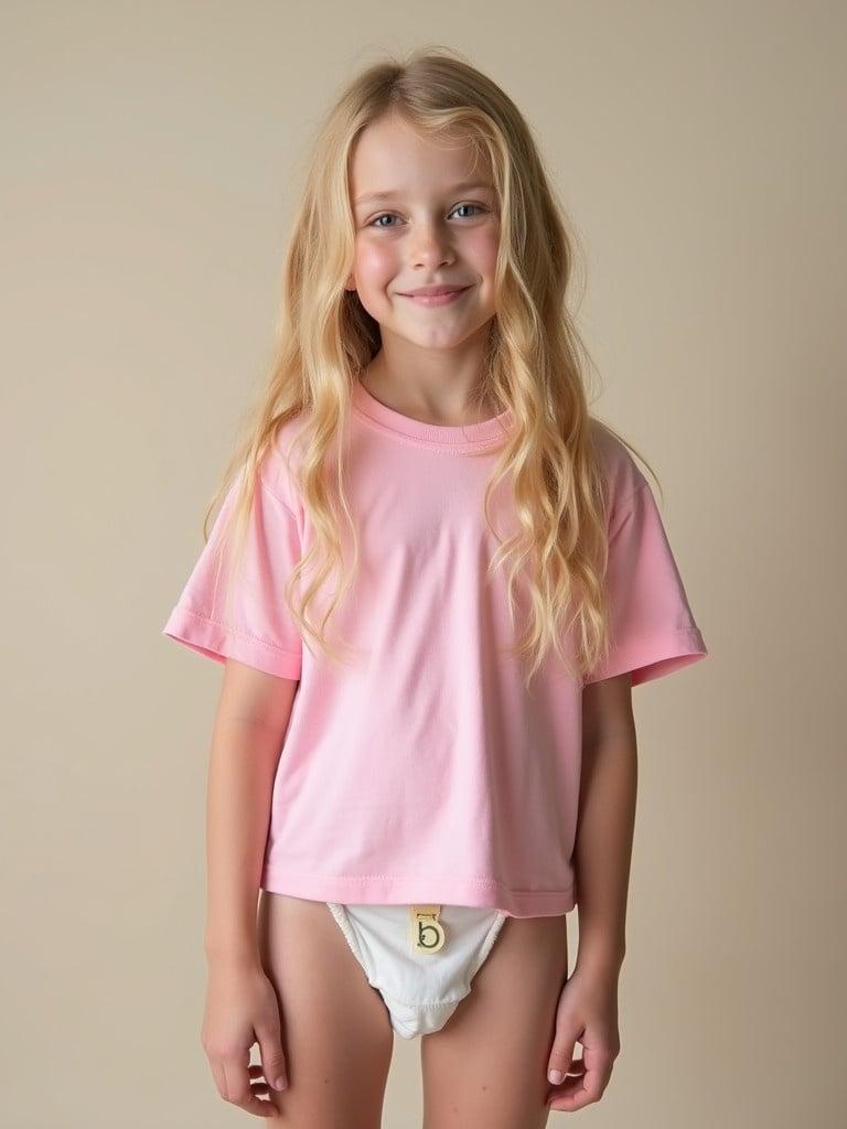 Sixteen year old girl stands with long blond hair. She wears a casual pink t-shirt and a diaper. The setting has a neutral background and soft lighting. Her expression is sweet and playful.