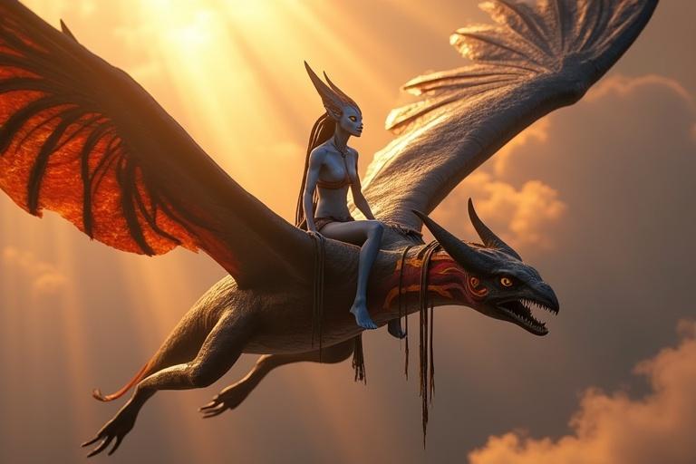 Image depicts Kaari riding a Toruk in a vibrant sky. Warm sunlight breaks through clouds illuminating them. Toruk has fiery wings and a sharp head. Kaari features blue skin, glowing eyes, and flowing hair. Scene captures a moment of strength and rebirth.