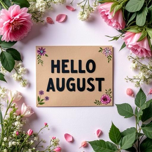 A rectangular light brown card is slightly askew. Bold black letters spell 'HELLO AUGUST'. Floral illustrations in shades of pink purple and white adorn the card with green leaves. The background is a textured white surface. The card is framed by real flowers and foliage including pink origanum and comphrena. Clusters of white and pink blossoms and green leaves create a natural border. Pink petals are scattered. Bright even lighting enhances details and colors.