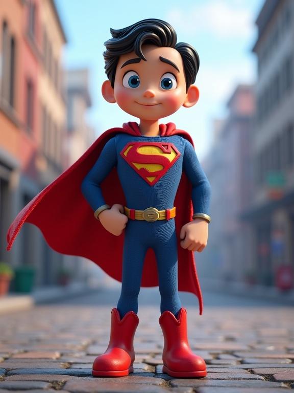 Young superhero with black hair dressed in a blue outfit with a red cape standing confidently on a street in a vibrant animated style. Bright characters and optimistic theme.