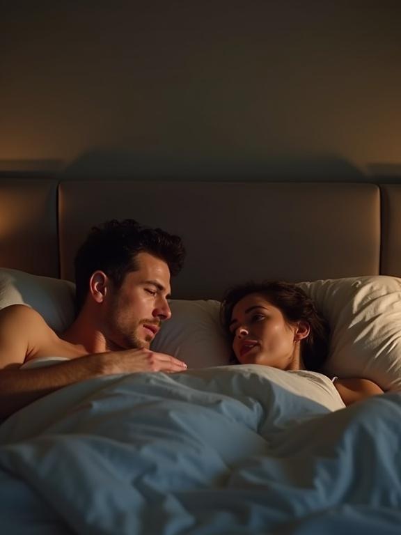 A couple in bed with surprised expressions. Both look emotional. Bedroom setting with soft dramatic lighting. Sense of tension between them.