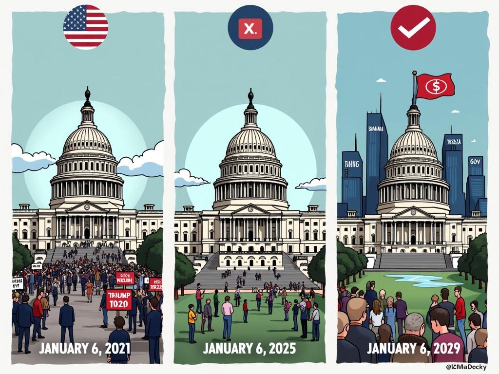 The image consists of three panels depicting the U.S. Capitol building on different dates: January 6, 2021, January 6, 2025, and January 6, 2029. In the first panel, it shows a chaotic scene with people holding signs such as "TRUMP 2024" and "MAGA" near the steps of the Capitol during the January 6 January events. The second panel presents a more subdued view of the Capitol in 2025, with fewer people and no visible signs of unrest. By the third panel in 2029, the Capitol is transformed into a corporate setting, with skyscrapers labeled "Amazon","Tesla", and "Gov X" indicating a shift from government to corporate presence. A flag with a dollar sign is flying prominently, symbolizing a change in values.