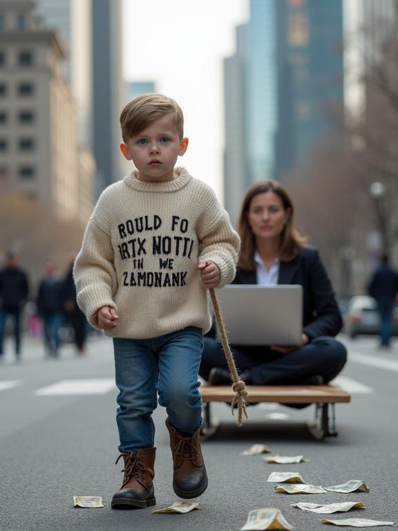 A city street scene on a clear day. A boy around 7 years old walks forward pulling a wooden sled with a rope. He wears a cream-colored sweater with large text, jeans, and boots. His expression is focused and serious. Two adults sit calmly on the sled behind him using laptops and holding phones. Their posture is composed. The background includes tall buildings. Lighting is soft and natural. The road has crumpled paper currency scattered.