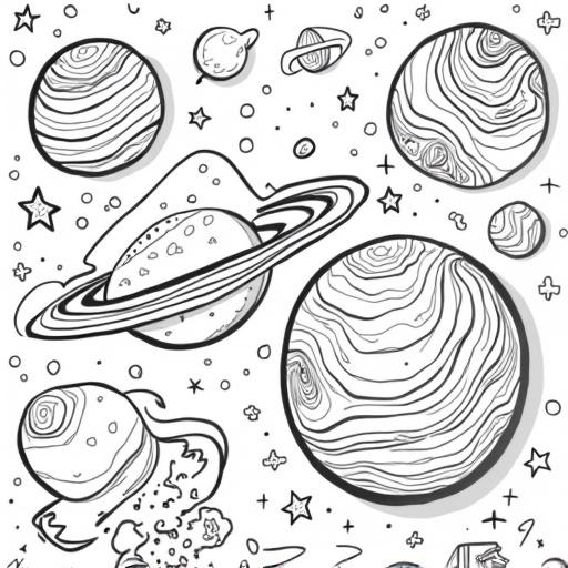Create illustrations of outer space with planets, stars, and galaxies. Focus on black holes and provide space for coloring. Include various celestial objects in a fun design.