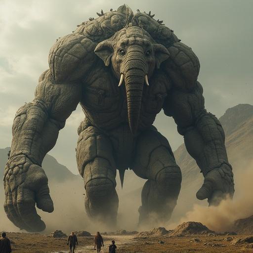 A colossal female giant in stone resembling an elephant. The giant has immense muscular arms and an imposing presence. A group of people stand in front of her in awe. The scene captures the atmosphere of a fantasy world.