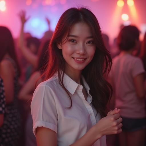 A girl with brown hair wears a white collared shirt. She is dancing at a party. Her arm is raised. The background features a crowd enjoying the music. The image captures a vibrant party atmosphere.