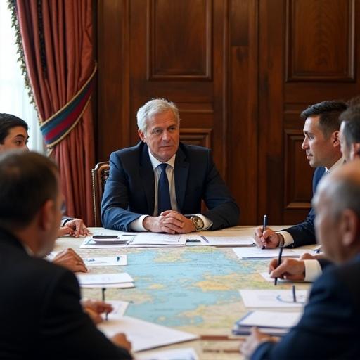 British Prime Minister and top advisors in Cabinet Room discuss UK China relations. They analyze trade reports and mark maps. Focus on strategy for cooperation and competition. Piles of reports on the table.
