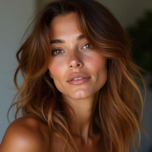 A young woman around 25 years old with dark brown, shoulder-length, voluminous curly hair. She has expressive brown eyes, well-defined eyebrows, full lips, and sun-kissed healthy skin.