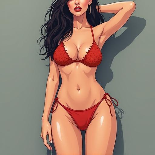 Illustration of a woman in a red bikini showcasing a plus size figure