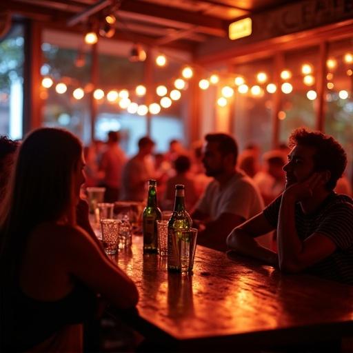 A lively bar scene in Botafogo, Rio de Janeiro at twilight. People enjoy drinks and socialize. Warm lighting creates inviting atmosphere. The interior features wooden decor and string lights.