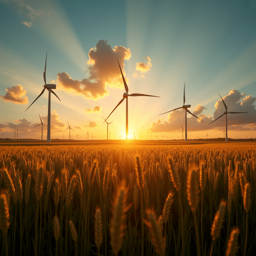 A picturesque scene of wind turbines in a wheat field at sunset.