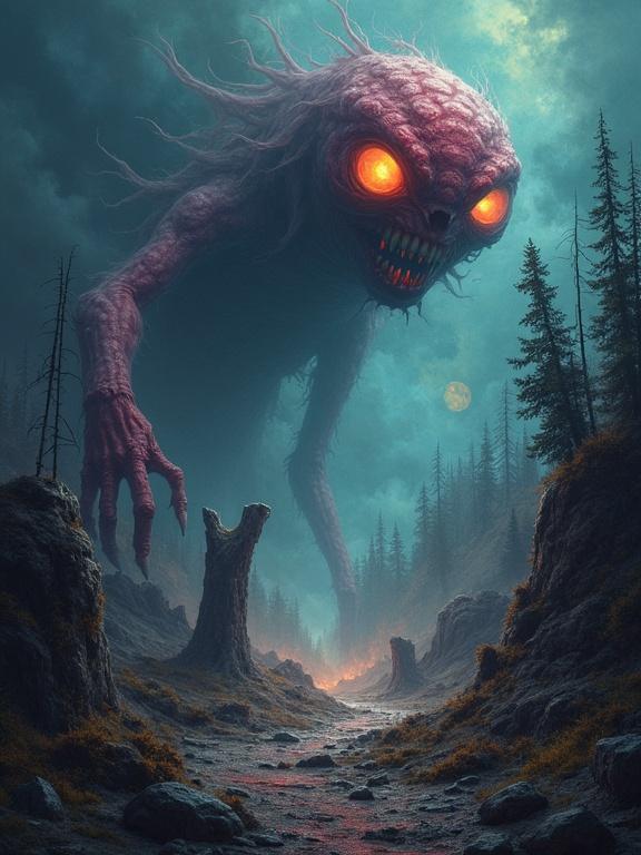 Surreal dreamlike scene features bizarre monsters with glowing eyes. Smoky background surrounded by vivid colors creates a dreamscape illustration.