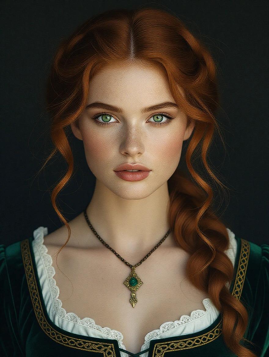Portrait of a medieval woman with striking green eyes and wavy hair. Dramatic lighting enhances facial features. Dark background creates contrast. Emphasizes beauty and elegance.
