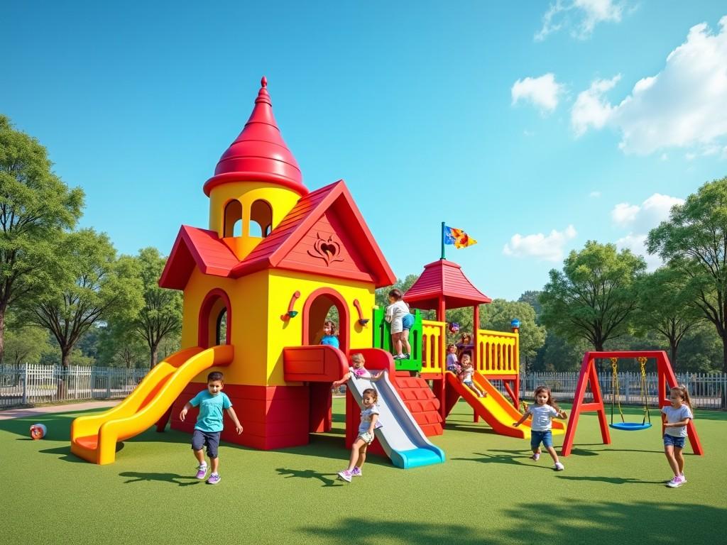 A colorful playground filled with various outdoor toys for kids. In the center, there is a whimsical house designed to resemble a cartoon red and yellow rocket. Surrounding the house are slides, swings, and climbing structures, all vibrant in color. The sky above is clear and blue, creating a cheerful atmosphere. Children are playing joyfully, making the space lively and inviting.