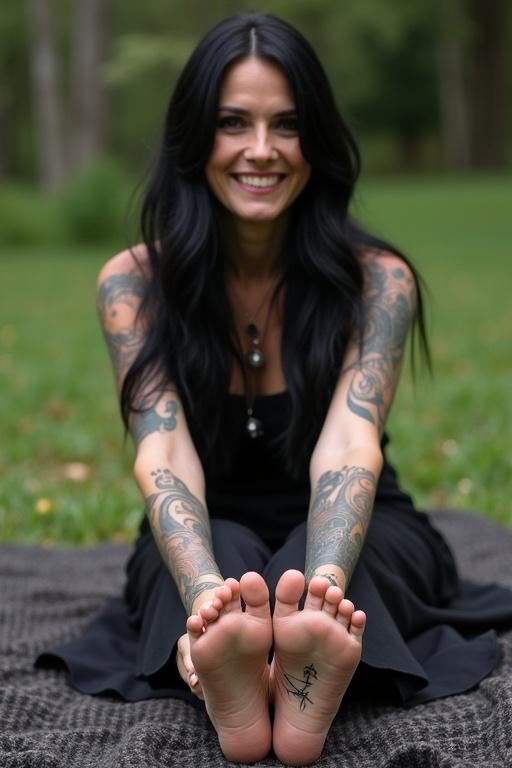 Mature goth woman has long black hair. She shows her tattooed soles of bare feet while sitting on a blanket outside. She is relaxed and smiling.