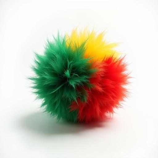 Colorful ball made of feathers in green red and yellow on a white background. Surreal appearance with studio lighting.