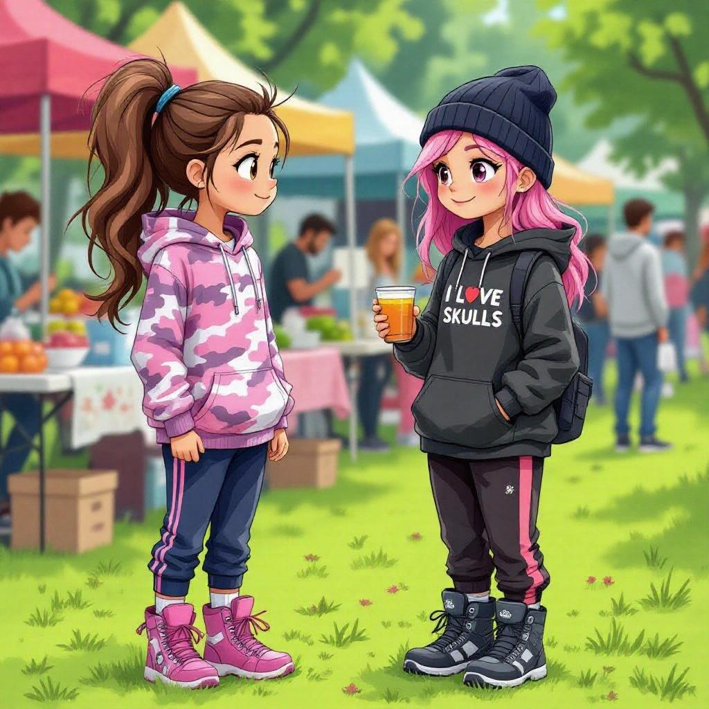 Brianna and Brandy chatting at a vibrant food and drink festival in a local park. Two cartoon girls dressed in casual trendy outfits. Brianna has long dark blonde hair in a ponytail wearing a pink camouflage hoodie and pink hiking boots. Brandy has pink hair wearing a black beanie and grey shirt. Both girls are enjoying the festival atmosphere.