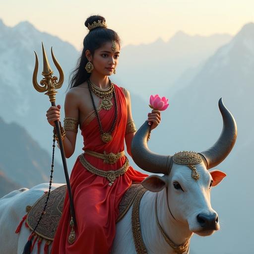 Hyperrealistic portrait of a divine Himalayan teenage girl. She is seated on a white bull. Wears a red saree with golden borders. Carries a trishul and a lotus. Hair tied in a neat braid. Eyes are serene and glowing. Background features misty snow mountains at dawn. Natural skin texture and realistic lighting.