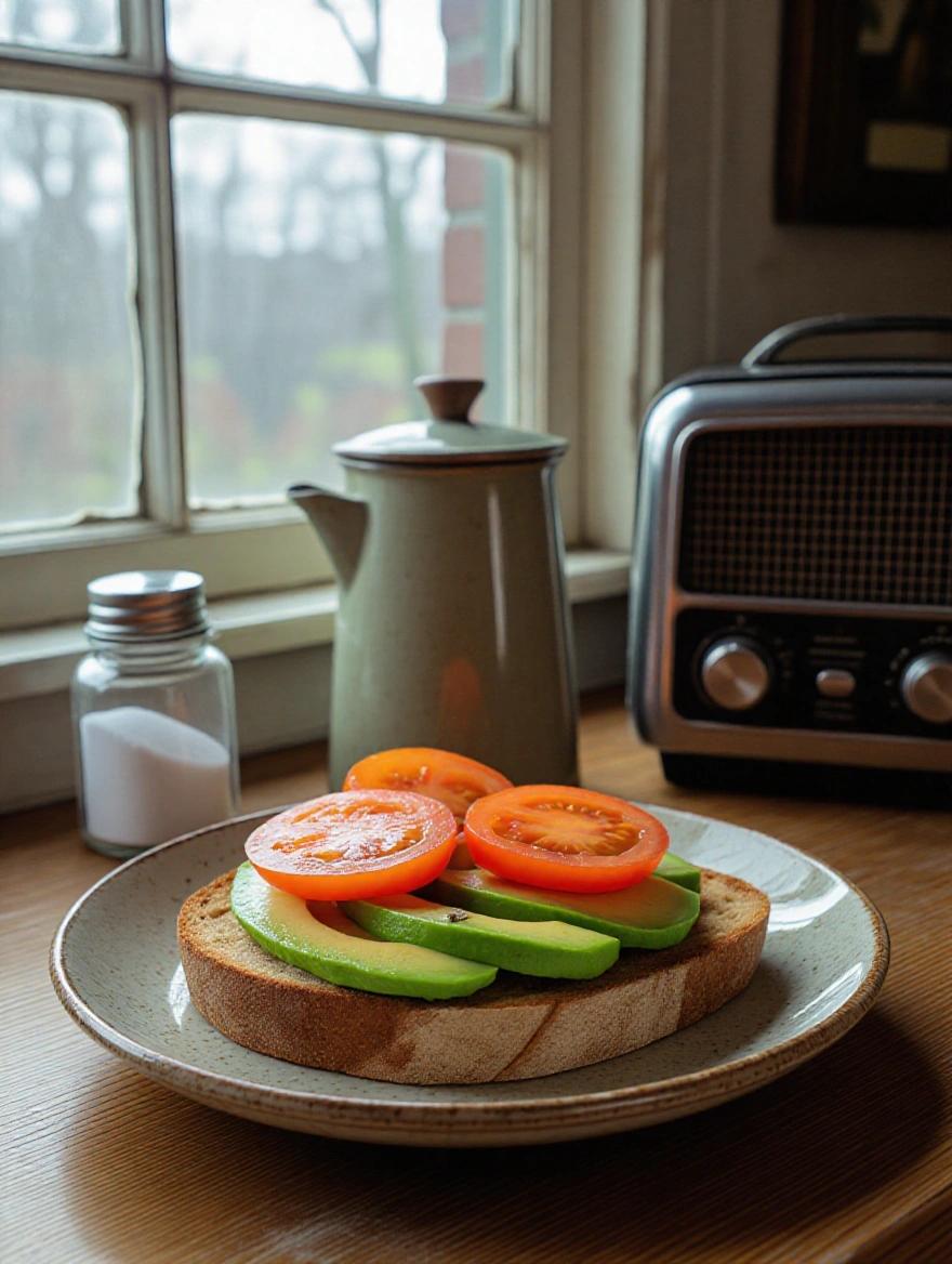 Heavily toasted sourdough slice cracked at the side loaded with avocado and uneven slices of tomato. No garnish. Served on chipped ceramic plate. Small breakfast table with open packet of salt old thermos and radio in the background. Harsh early light through dusty window real and honest tone 50mm lens.