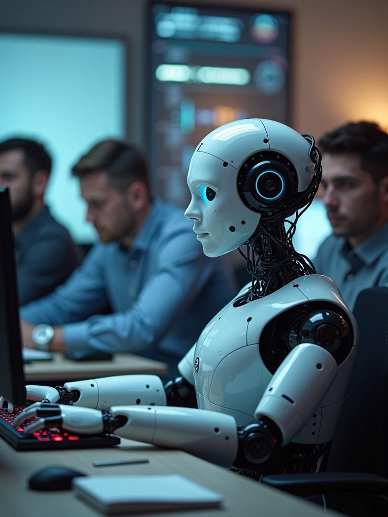 AI robot with advanced technology works at a computer. Four males observe from behind. The setting is a modern office. Robot equipped with headset and illuminated keyboard.