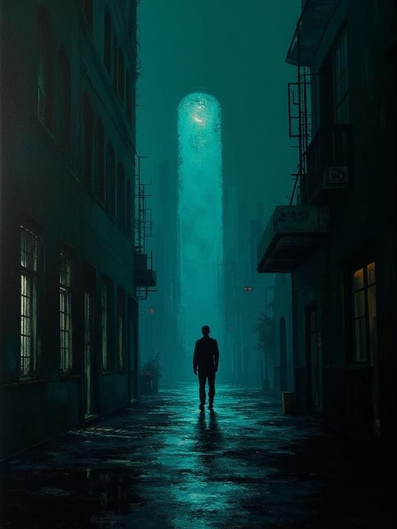 Digital oil painting features a minimalist design. A silhouette of a figure stands in a dark alley. Lighting creates a mysterious atmosphere. Color palette includes teal and aqua. Unique style incorporates eldritch elements and living architecture in a noir setting.