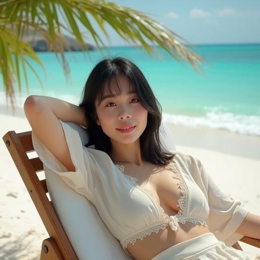A young Asian woman reclines on a beach chair. She has fair skin and warm brown eyes. Long black hair frames her face. The woman wears a cream blouse and high-waisted hot pants. Relaxed posture shows one arm behind her head. Soft sunlight enhances her beauty. Background features palm trees and turquoise waves.