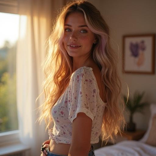 A Nordic woman with long wavy blonde hair and purple streaks. She stands in a cozy bedroom. Sunlight comes through the window. Her violet eyes sparkle with joy. She wears a stylish outfit. The room has warm pastel decorations. A mirror reflects her cheerful expression. She prepares for a date, exuding excitement and beauty.