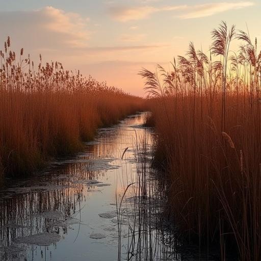 Endless reeds sway in the autumn breeze. Marshlands appear as rippling copper oceans at twilight.