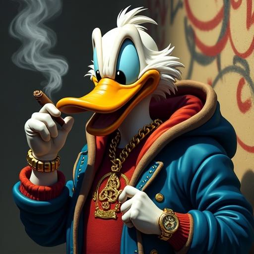 Scrooge McDuck is smoking a cigar. He is wearing a Gucci jacket. A gold chain and a gold watch are visible on his wrist. The lighting is shaded, creating a dramatic effect. A graffiti background adds to the cultural style. The image is high detailed with soft lighting.