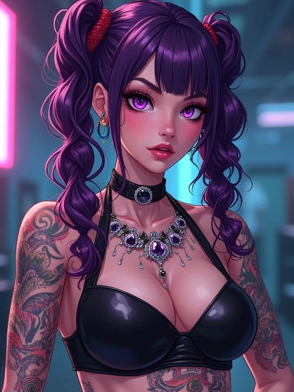 Anime character depicted as a tall woman with amethyst purple curly pigtails. She showcases bold amethyst diamond jewelry and colorful traditional tattoos. The outfit features over the top sexy Adidas printed attire. The setting is a modern luxurious warehouse with a serious atmosphere, part of an illegal drug society. The composition highlights her muscular features and elegant accessories. Focus on her unique style and captivating presence.