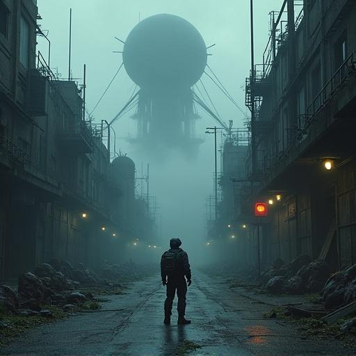 Dystopian scene in industrial complex. Alien growths overrun structures. Overcast sky filled with smoke. Massive alien structure silhouette. Lone figure in HEV suit stands in ruined street. Surrounding debris, warning signs, flickering lights. Headcrabs and alien fauna lurking. Mood is tense and mysterious with realistic lighting.