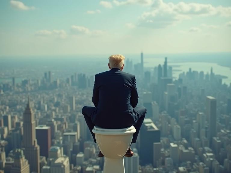 A person seated on a toilet high above the city. The individual faces forward. The view includes skyscrapers and cityscape. The setting suggests sky diving or floating mid-air.