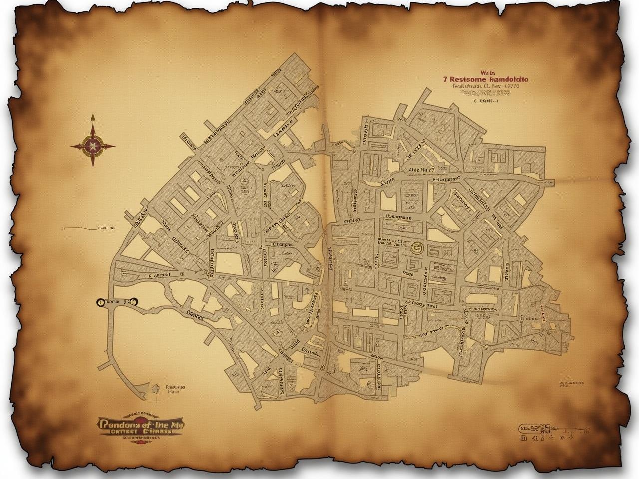 The image is a faded, aged map with rough edges, suggesting an old or treasure map style. It shows a layout of streets and buildings in a town or city. Various street names and locations are marked, though they may not all be clearly legible due to the map's condition. The map is done in earthy tones and has a textured background that enhances its vintage appearance. Some areas are shaded to indicate different terrains or structures. It appears to be a detailed representation of a specific area, possibly for navigational or historical purposes.