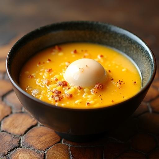 Tamago kake gohan in a black bowl. Dish features soft boiled egg on top of rice. Ingredients visible in a creamy sauce. Elegant presentation.