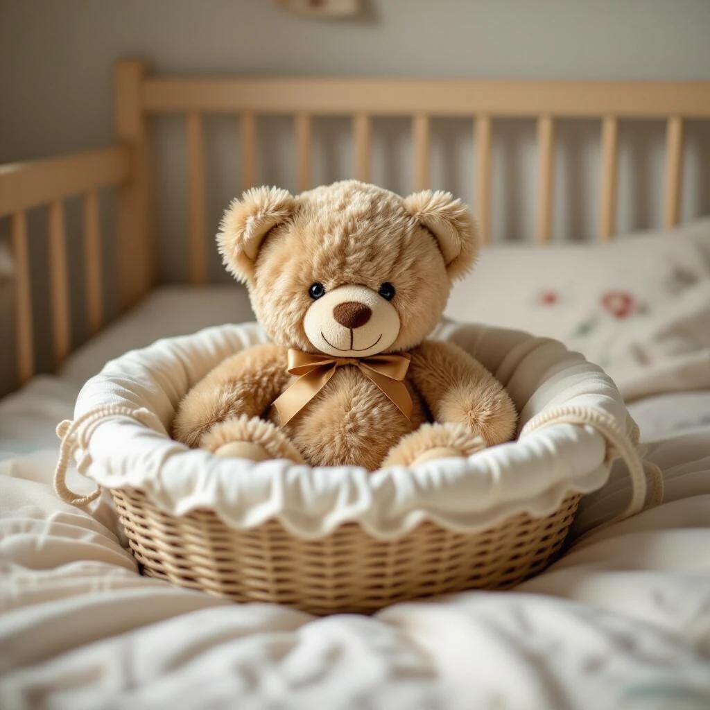 Teddy bear sits in a wicker basket. Baby room features soft bedding and gentle colors. Warm atmosphere with natural lighting.