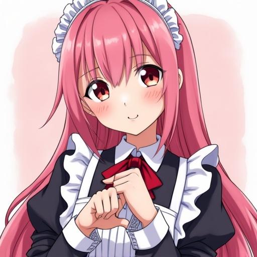 Anime-style maid with pink hair. Wears handcuffs. Smiles gently. Background is soft and pastel.
