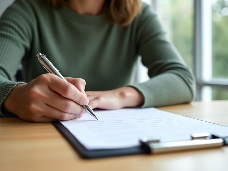 Close-up photograph captures the upper torso and arms of a person at a light maple wood desk. The person is slightly angled to the left. Left forearm rests on the desk while the right hand holds a metallic pen above a sheet of paper. Paper is clipped to a black clipboard. The person wears a sage green knit sweater. Background shows a softly out-of-focus glass window with diffused daylight.