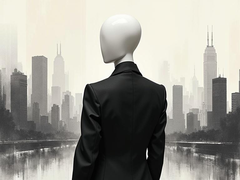 Faceless mannequin in a city landscape illustration. Minimalist and abstract style. Bold monochrome background with sharp color contrasts. Clean negative space. Surreal and emotive composition. Fashion editorial vibe with high-concept visual storytelling.