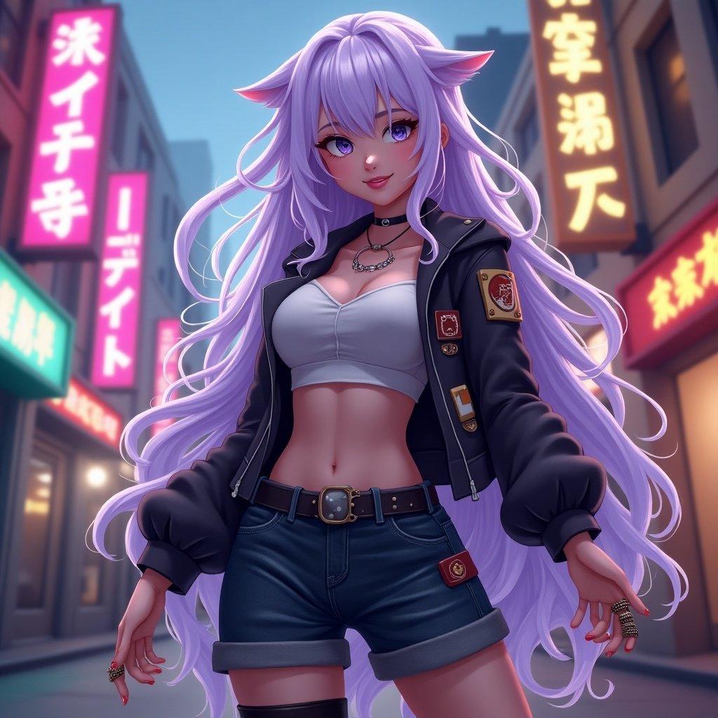 Female character with light purple hair. Cool outfit with a sacred ring. Surrounded by neon signs in a vibrant city setting.